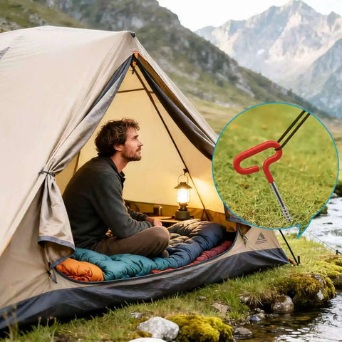 Heavy Duty Ice Anchor Tool Kit For Ice Fishing with tent staked by a stainless steel nail and red handle on grassy lakeside