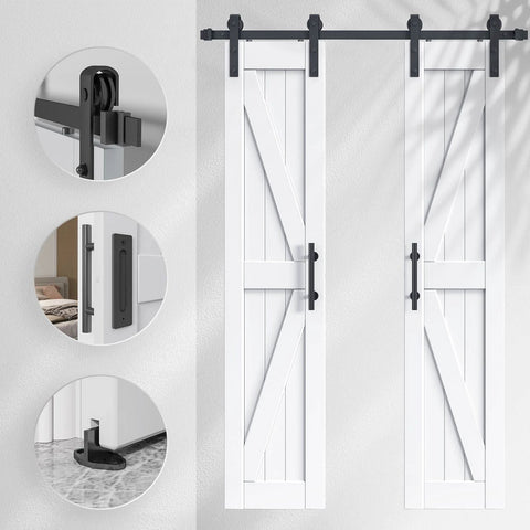36 Inch By 84 Inch Double Barn Door With 6.6 Feet Sliding Door Hardware And Handle Included, DIY Assembly And Easy Install, Waterproof And Durable LVL Solid Wood Construction With White K Frame, Suitable For Interior And Exterior Rooms, showing front view and hardware details.