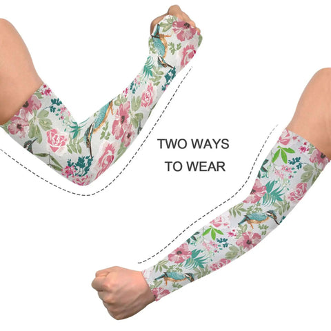 Cooling Garden Arm Sleeves With Thumb Hole, Sun Protection, Breathable Nylon, Floral Pink Hummingbird Design for gardening, shown on arms.