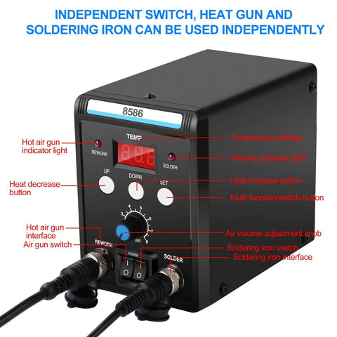 Front view of 2 In 1 Soldering Station With Hot Air Rework And Soldering Iron Kit Pro Grade Digital Display SMD Repair Tool