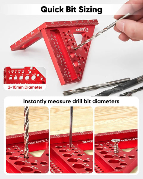 3D Multi Angle Measuring Square Ruler For Woodworking And Construction Pro Grade Aluminum Carpenter Square in use for bit sizing
