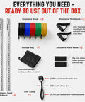 Wall Mounted Fitness Anchor System With Heavy Duty Resistance Band Mount And 40 Inch Dual Rail Setup For Compact Home Gyms items including bands, wristbands, storage bag, and door clamp.