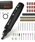Mini Cordless Rotary Tool Kit with 69 accessories, 5 speed settings, USB charging, black, shown with sanding, polishing tools
