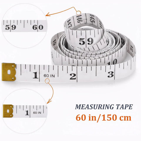60 in/150 cm measuring tape with brass tip and inch marks, white flexible tailor tape coiled on white background