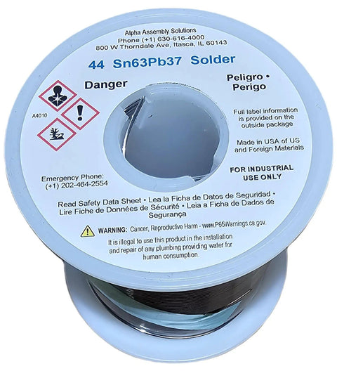 63 37 Solder Wire Sn63Pb37 Flux Core 1 Pound Spool With 44 Rosin Flux label details for electronics assembly and repairs.