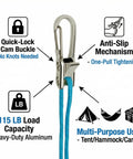 Silver quick-lock cam buckle with blue rope from Six Pack Rope With Roller Tensioner Set For Easy Secure Tying.