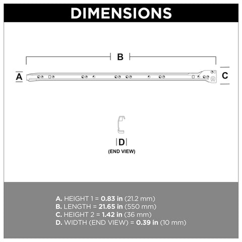 Self Closing 22 Inch Drawer Slides Bottom Mount Cabinet Hardware White Finish Five Pairs Ten Pieces Beefy 50 Pound Weight Capacity Steel Rails Set For Smooth Soft Close Performance dimensions chart, side and end view