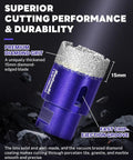 Close-up of a 15mm diamond hole saw from 14 Pc Diamond Hole Saw Kit With Pilot Bit Adapter 1/4 Inch To 2 1/2 Inch Thickened Core Drill Bit Set