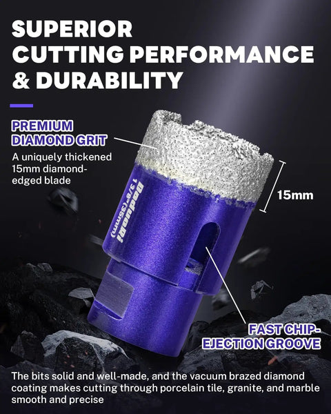 Close-up of a 15mm diamond hole saw from 14 Pc Diamond Hole Saw Kit With Pilot Bit Adapter 1/4 Inch To 2 1/2 Inch Thickened Core Drill Bit Set
