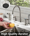 Two Handle High Arc Kitchen Faucet With Side Sprayer In Slick Brushed Nickel Finish offering smooth 360 swivel spout with aerator and side sprayer.