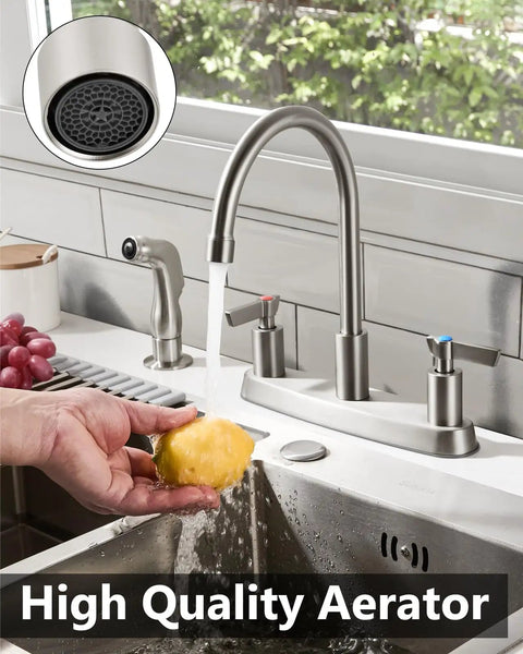 Two Handle High Arc Kitchen Faucet With Side Sprayer In Slick Brushed Nickel Finish offering smooth 360 swivel spout with aerator and side sprayer.