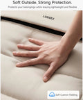 Hand pressing soft cushioning on Underseat Carry On Luggage With Smooth Spinner Wheels, Lightweight Softside Suitcase, beige interior.