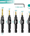 Front view: five-piece wood countersink drill bit set with hex shanks; sizes 12#, 10#, 8#, 6#, 5#.