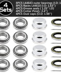 Four Set L44643 Beefy Bearing Kit For 1 Inch Trailer Axle Wheel Hub Includes L44610 Bearings, grease seals, and dust covers.
