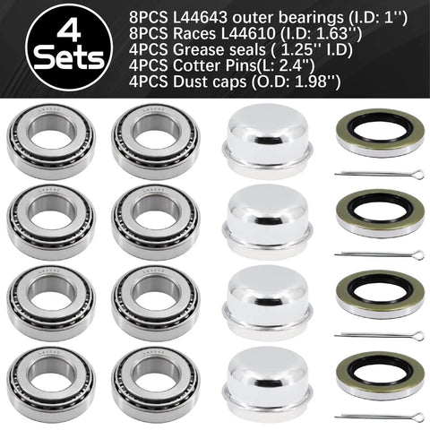Four Set L44643 Beefy Bearing Kit For 1 Inch Trailer Axle Wheel Hub Includes L44610 Bearings, grease seals, and dust covers.