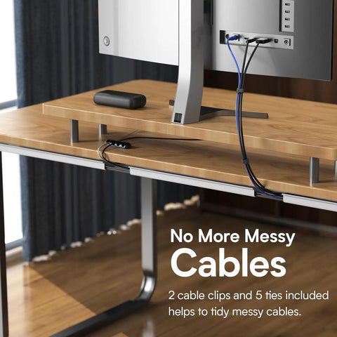 4 Pack Under Desk Cable Management Kit J Channel Cord Organizer For Office And Home Keeps Cables Neat And Clutter Free Each 15.7 Inches Long Hides Cables Under Any Desk Surface For A Clean Professional Look displayed attached under a desk with cables