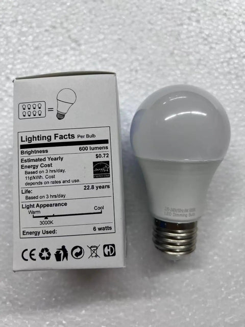 LED light bulb with packaging showing lighting facts like brightness, energy cost, and lifespan details