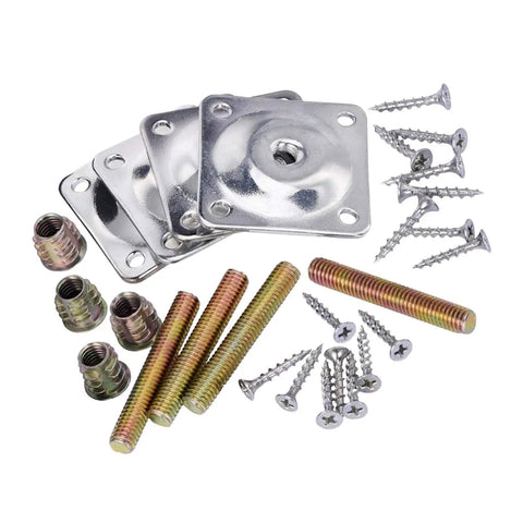 Hella Sturdy Furniture Leg Mounting Plates And Rock Solid Metal Brackets For Sofas And Side Tables Quick Install Replacement Hardware Kits, iron plates and fasteners.