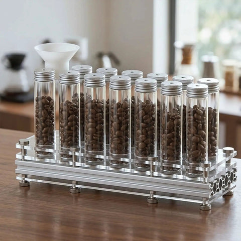 Hype Building Daily Grind Storage Kit With Airtight Single Dose Espresso Canisters on a countertop with coffee beans.