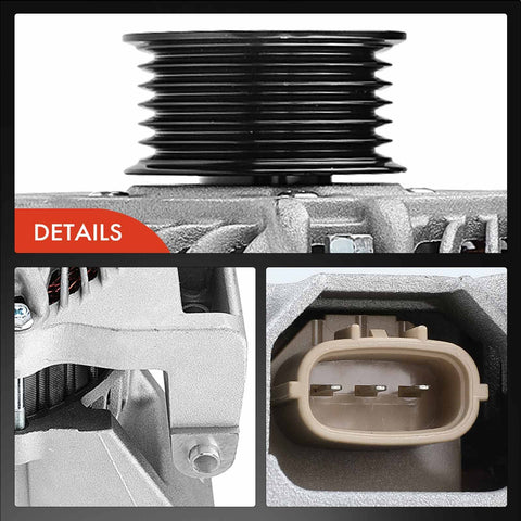 Close-up of Durable Replacement Alternator for Mazda 5 2008 2009 2010 L4 2.3L, 110A 12V, 6 Groove Pulley, Clockwise Rotation, New Unit