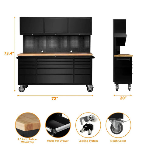 Hella Heavy Duty 72 Inch Rolling Tool Chest With 15 Drawers And Smooth Glide Wheels, Cold Rolled Steel Workshop Cabinet With Rubber Wood Top, Black Garage Storage Rack
