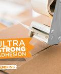 Applying clear packing tape 60 yards per roll, pack of 6 rolls, 2.7 mil thick heavy duty adhesive on cardboard box with dispenser.