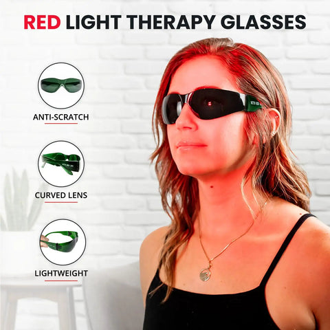 Game Changing Red Light Therapy Glasses Block 600Nm To 900Nm Rays Cut Eye Strain, lightweight, anti-scratch dark lens worn by a woman.