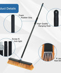 Image of a Big 24 Inch Push Broom With 60 Inch Handle For Indoor Outdoor Cleaning In Garage Shop Deck Patio Tile Concrete Wood Stone Pro Grade Heavy Duty 2 Pack showing features such as foam rubber grip and high-quality hanging hole.