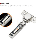 Close-up of Two Pack Full Overlay Frameless Soft Close Concealed European Cabinet Hinge with hydraulic damper, silver metal.