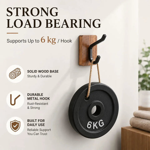 Rustic Wood Adhesive Wall Hooks Four Pack Heavy Duty Sticker Hangers Fits Coats Towels And Bags Smooth Farmhouse Look Easy Peel Stick Mount For Entryway Bedroom showing strong load-bearing hook with 6kg weight.