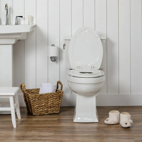 Game Changer Two In One Toilet Seat With Built In Potty Training Seat Slow Close Lid That Locks Down Plus Solid Grip Saves Room For Littles Elongated White