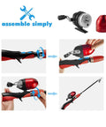 Assemble process for Kids Telescopic Fishing Pole and Reel Combo With Tackle Box Easy Open Starter Kit, portable red design.