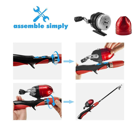Assemble process for Kids Telescopic Fishing Pole and Reel Combo With Tackle Box Easy Open Starter Kit, portable red design.