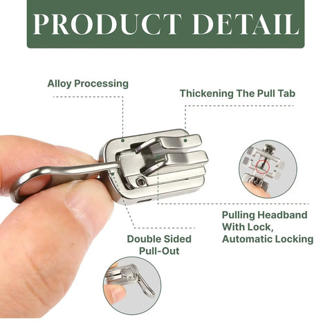 Heavy Duty Beefed Up Zipper Repair Kit With Three Size Double Sided Sliders And Pulls For Jackets Luggage And Outdoor Gear No Sew Quick Fix Durable Resin Replacement For Bags, close-up of double sided slider with pull tab.