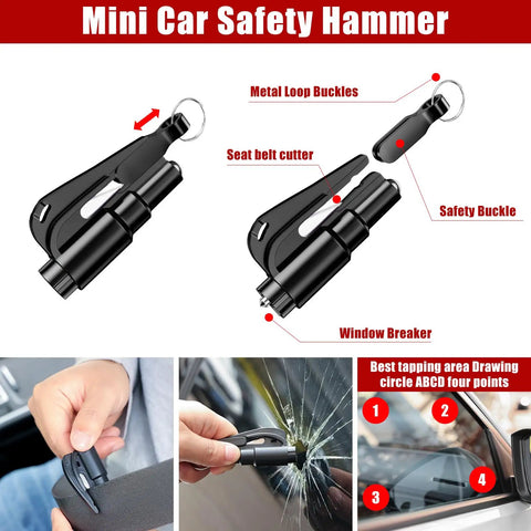 Mini car safety hammer with seat belt cutter and window breaker from Grab and Go Roadside Emergency Kit for Cars and SUVs
