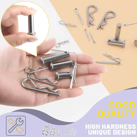 122 Piece 304 Stainless Steel Clevis Pin And Cotter Pin Fastener Kit with M3 M4 and M5 sizes shown in hand with zinc clips.