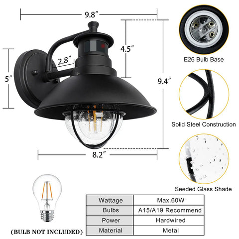 Diagram of Motion Sensor Outdoor Light With Dusk To Dawn Sensor And PIR Motion Trigger, featuring dimensions and materials