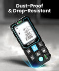 Pro Grade Laser Measure Tool With 229 Feet Range And 70 Meters, Dual Bubble Levels, Backlit LCD Display, IP54 Waterproof, shown on concrete floor