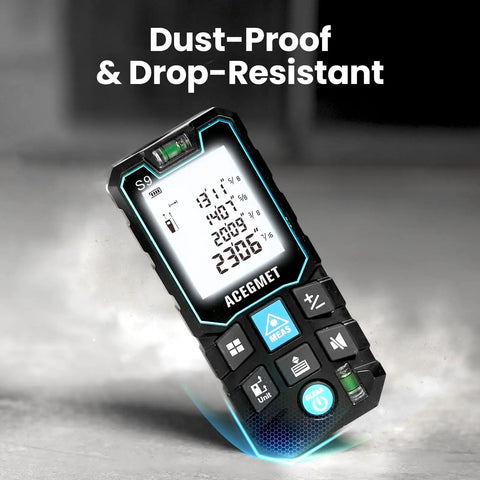 Pro Grade Laser Measure Tool With 229 Feet Range And 70 Meters, Dual Bubble Levels, Backlit LCD Display, IP54 Waterproof, shown on concrete floor