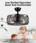 Crystal Caged Bladeless Ceiling Fan With Lights Dope Black Enclosed Chandelier Ceiling Fan With Remote Control Safe Eight Hidden ABS Blades In Cage Modern Fandelier For Bedroom Kitchen Indoor Outdoor with quiet operation text