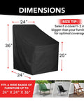 UV Proof Waterproof Outdoor Furniture Cover For 24L x 24W x 36H Black Breathable Dust Proof All Weather Protection For Sofa Table Chair Bar High Chair Coverage Keeps It Covered, shown in side view with dimensions.