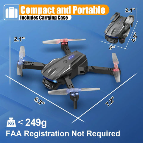 Foldable 1080P Camera Drone For Kids And Adults, compact design with carrying case, dimensions shown