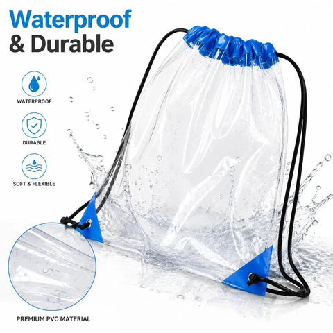 Clear Drawstring Bags 4 Pack Stadium Approved See Through Backpacks with water splash showing waterproof PVC material