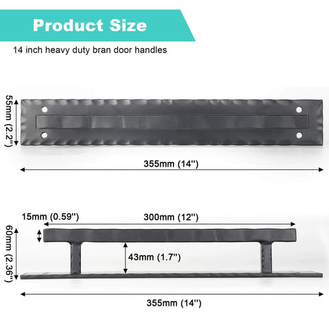 Matte Black 14 Inch Heavy Duty Barn Door Handle Set For Sliding Doors And Gates with dimensions and solid square metal construction.