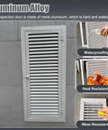 Heavy Duty Aluminum Louvered Access Panel For Wall Ventilation And Plumbing Drywall Inspection Large 47 By 45 Inch Air Hatch on wall showing louvered design.