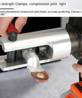 Close-up of UWYTGF Cordless Battery Powered Electric Hydraulic Plier Crimping Tool, showcasing 360-degree clamp positioning for wire termination.
