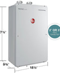Skip The Clunky Tank For This High Efficiency Natural Gas Tankless Water Heater Delivering Straight Fire Whole Home Hot Water At 9.5 GPM With Smart Leak Alerts And Ultra Compact Footprint side view with dimensions.