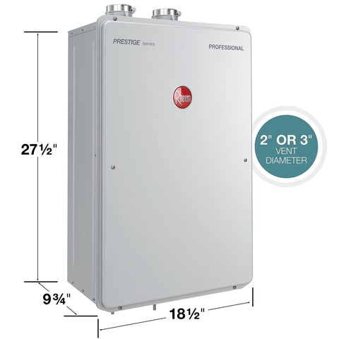 Skip The Clunky Tank For This High Efficiency Natural Gas Tankless Water Heater Delivering Straight Fire Whole Home Hot Water At 9.5 GPM With Smart Leak Alerts And Ultra Compact Footprint side view with dimensions.