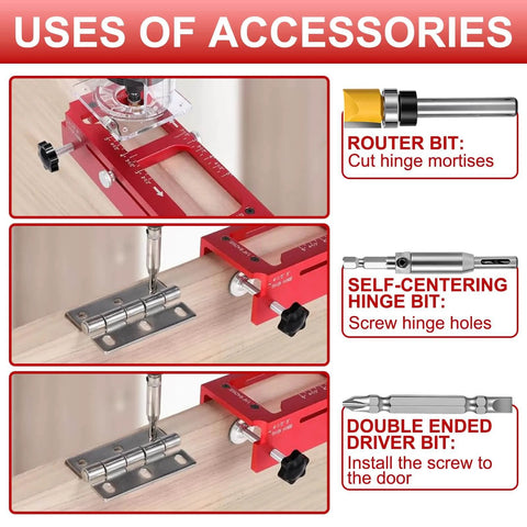 Pro Grade Aluminum Door Hinge Jig With Scale for Router Templates, adjustable installation with visual guide for use with router bits.