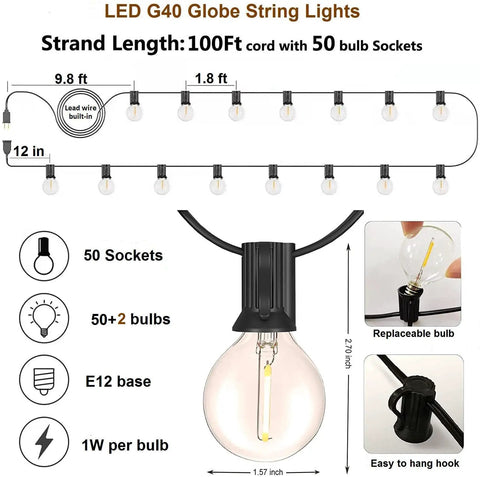 Diagram of LED G40 Globe String Lights showing 100ft strand, 50 sockets, replaceable bulbs, and E12 base details.